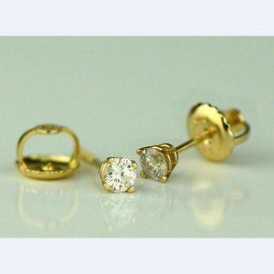Solid 14k Yellow Gold Round Diamond Stud Earring with Screw Back